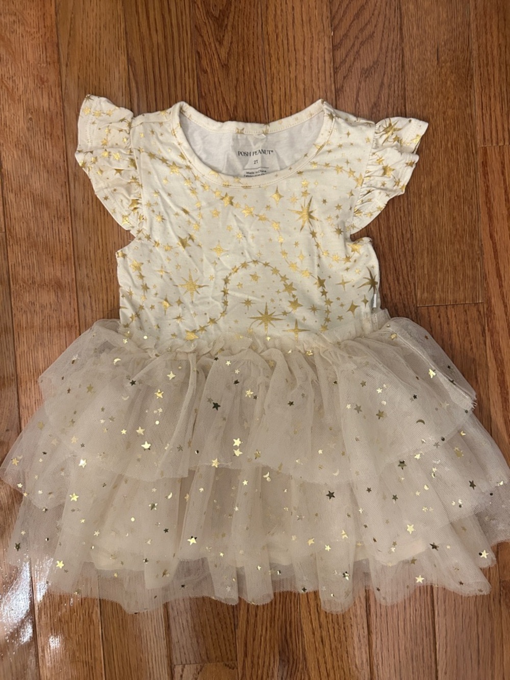 Posh Peanut Ivory Tulle Dress with Gold Foil Stars-2T